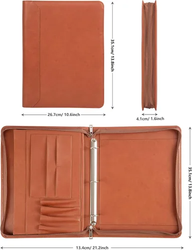 Vista 2 de AZXCG Nombre grabado gratis, Padfolio PU cuero 3 anillos, cartera de negocios con almohadilla de escritura A4, regalo corporativo, marrón
