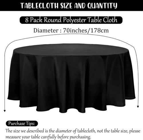 Vista 2 de Fivenl Paquete de 8 manteles redondos de 70 pulgadas, color negro, tela de poliéster lavable a granel, para bodas, fiestas, recepciones, banquetes