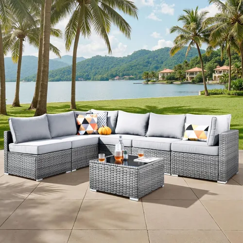 Vista 39 de ovios Juego de muebles de patio al aire libre de 5 piezas con mesa de café, conjunto seccional de muebles de patio con sofá de mimbre para todo tipo
