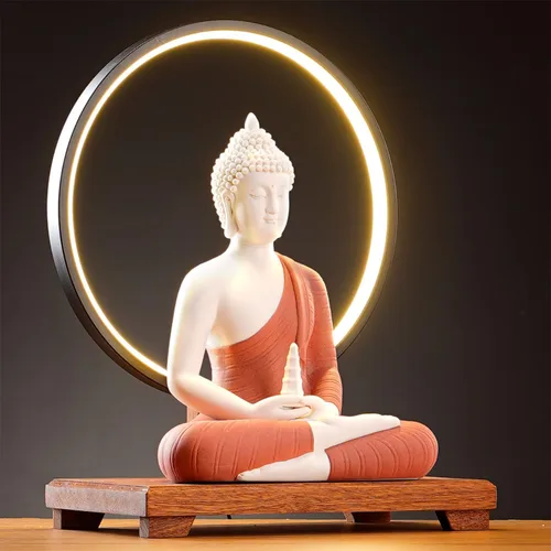 Vista 3 de QINLANG Estatua de Buda roja de 12 pulgadas y lámpara de mesa circular LED de 15.74 pulgadas, estatuas de Buda de interior para decoración del hogar