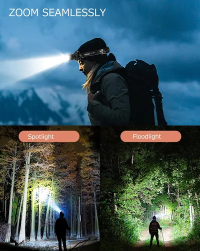 Vista 6 de Linterna frontal recargable con zoom y luz lateral roja, 4000LM con sensor de movimiento, luces de 3 colores, IP65, impermeable, 90°, ajustable