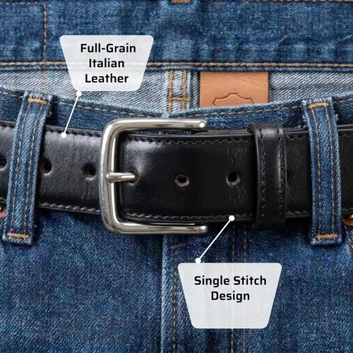 Vista 3 de Cinturón de vestir italiano de cuero de grano completo con núcleo de acero - Funda CCW Cinturón de transporte diario Negro