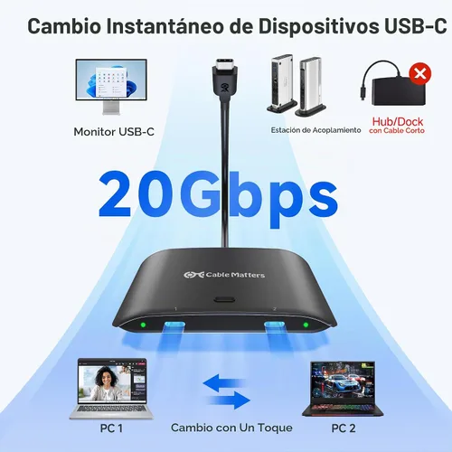 Vista 2 de Cable Matters Conmutador KVM USB C de 20 Gbps para 2 computadoras, 140 W PD