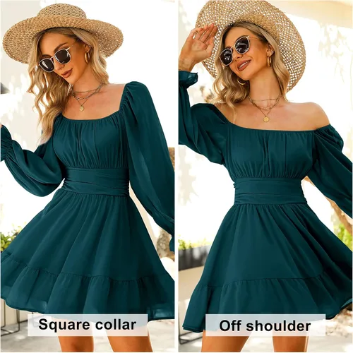 Vista 2 de Exlura - Vestido de manga larga para mujer con cuello cuadrado holanes cintura elástica acampanado amarre posterior estilo casual y corto