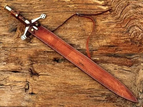 Vista 6 de Espada vikinga Claymore escocesa hecha a mano de acero de Damasco de 38 pulgadas de largo con funda de cuero.