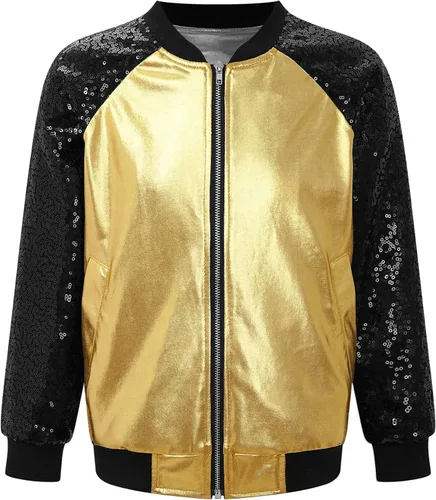 Vista 5 de TiaoBug Disfraz de baile de jazz hip hop para niños y niñas, brillante, metálico, manga larga, chaqueta bomber y pantalones deportivos