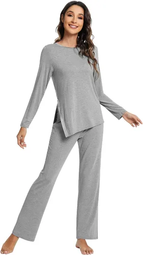 Vista 18 de WiWi Conjunto de pijama para mujer, súper suave, manga larga, ropa de dormir, ropa de dormir, ropa de descanso, viscosa de bambú, S-XXL A-aqua