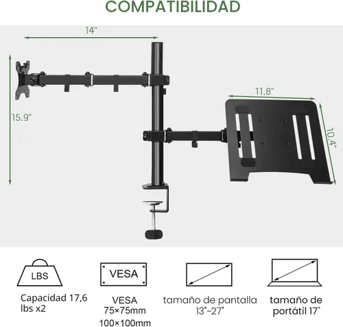 Vista 2 de UPGRAVITY Soporte para monitor y portátil, brazo de monitor con bandeja ventilada para pantallas LCD de computadora de 13 a 27 pulgadas y portátiles