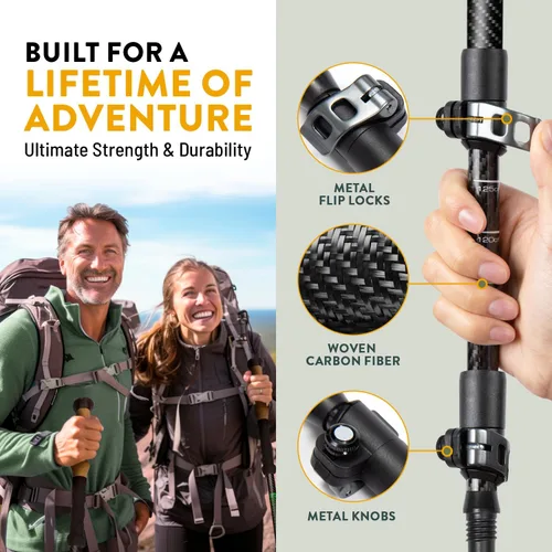 Vista 4 de 100% Carbon Fiber Trekking Poles by USA Brand - Ultra Strong Lightweight Collapsible Hiking Poles with Cork and EVA Foam Grips & Quick Adjustable
