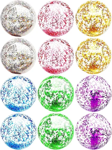 Vista 9 de Paquete de 12 bolas de playa inflables con purpurina a granel, pelota de playa de 16 pulgadas, juguetes para juegos de adultos y niños, decoración