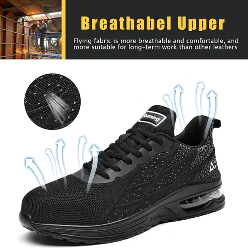 Vista 4 de HiHatide - Zapatos con punta de acero para hombre, zapatos de trabajo, zapatos de seguridad, con amortiguación de aire, ligeros, antideslizantes