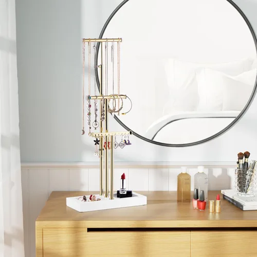 Vista 2 de Love-KANKEI Organizador de joyas colgante con base de metal y madera, soporte para collar con árbol de 3 niveles soporte para joyas para pulseras