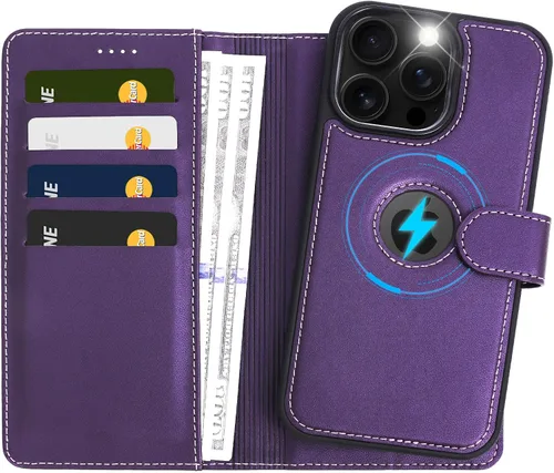Vista 13 de Funda de piel sintética 2 en 1 para iPhone 13 PRO MAX, funda de piel sintética desmontable con soporte para tarjetas, funda extraíble con bloqueo