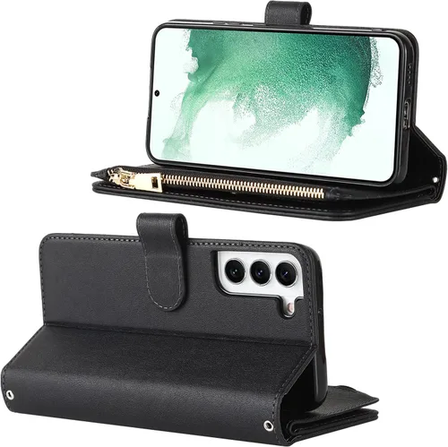 Vista 5 de Cavor Funda tipo cartera cruzada para Samsung Galaxy S22 Plus, color negro Funda de cuero con cierre magnético con cremallera y función atril TPU