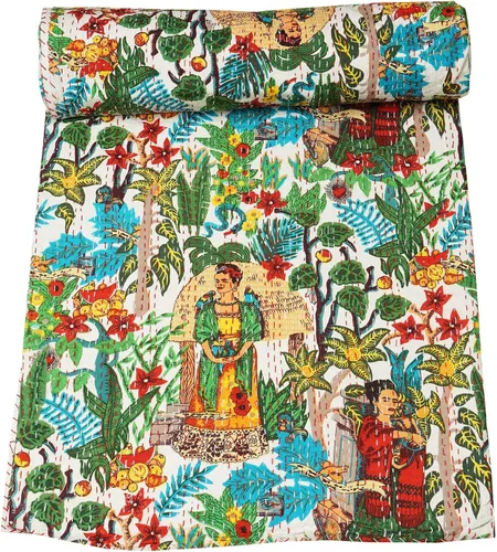 Vista 9 de Marubhumi Colcha de algodón puro Kantha con diseño tradicional indio de Farida (beige, individual (60 x 90 pulgadas)