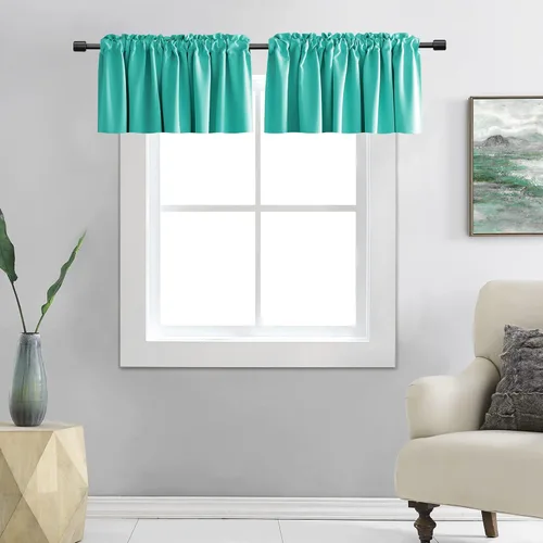 Vista 22 de DONREN Cenefas opacas de ventana de 12 pulgadas de largo para loft, cenefas de cocina aguamarina con bolsillo para barra