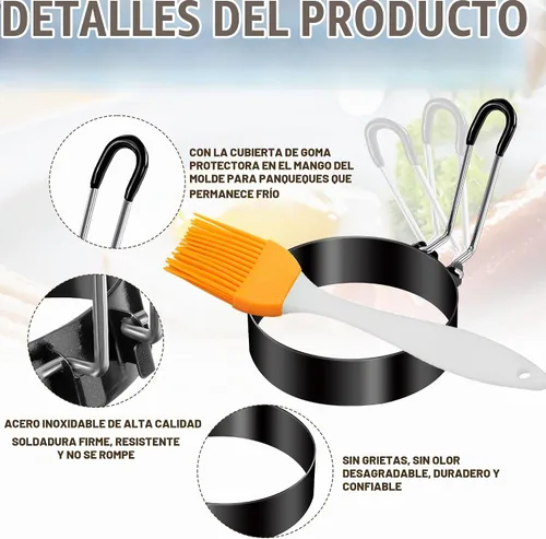 Vista 3 de 12 anillos de huevo para freír huevos, molde antiadherente para panqueques, molde de acero inoxidable con 4 cepillos de silicona, forma redonda