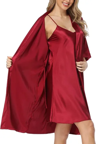 Vista 3 de Conjunto de bata de satén para mujer, 2 piezas, camisón de seda, pijama sexy floral de encaje, ropa de dormir, batas de noche