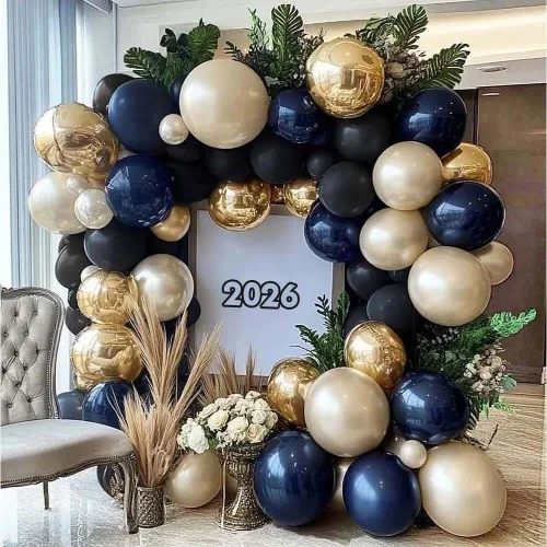 Vista 13 de Kit de arco de globos color burdeos y negro, doble relleno, color granate, rojo oscuro, perla, blanco, arena, dorado, guirnalda de globos