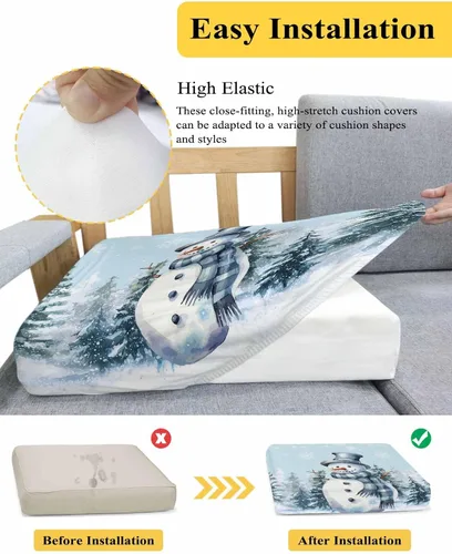 Vista 5 de Fundas de cojín para sofá de Navidad con diseño de muñeco de nieve azul, funda elástica para sofá con parte inferior elástica, fundas de sofá