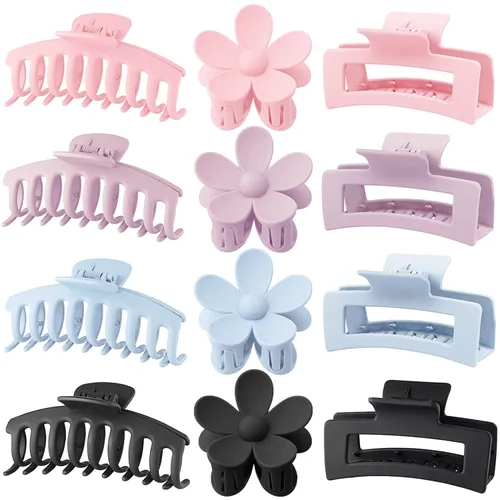 Vista 10 de Pinzas Grandes para Cabello Tipo Garra, Paquete de 12, Pinzas para Cabello con Flores para Cabello Fino, Grande Cuadrado Mate Sujeción Fuerte