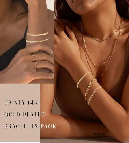 Vista 3 de Gold Bracelets for Women, 14K Gold Plated Dainty Bracelets Set, Layered Chain Bracelets Pack