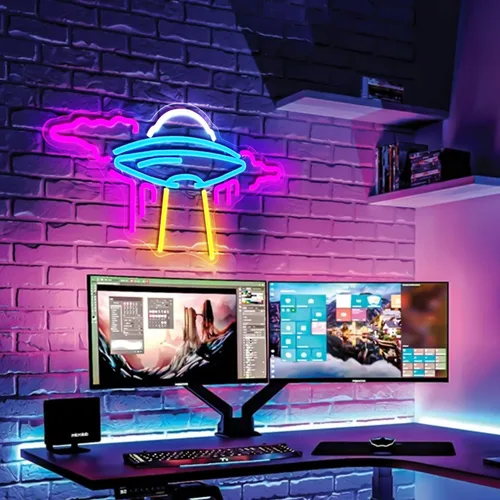Vista 7 de Letrero de neón OVNI de nave espacial con luces LED de neón regulables para pared, letrero de neón OVNI para dormitorio, niños, espacio
