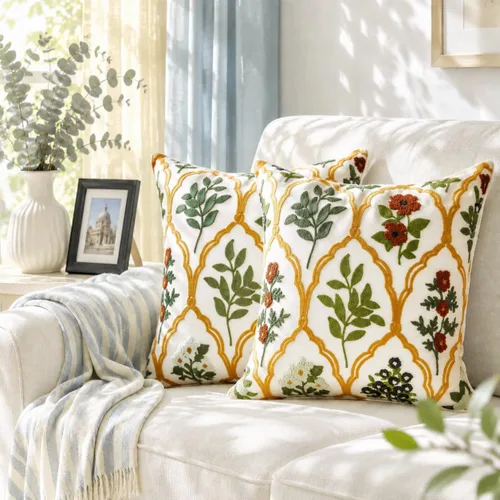 Vista 28 de Alysheer Fundas de almohada decorativas bordadas florales de primavera de 18" x 18", juego de 2, fundas de cojín de algodón con patrón acolchado