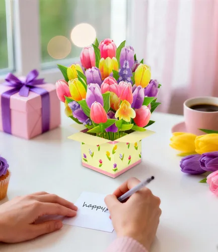 Vista 5 de Tarjeta de felicitación de primavera 3D con diseño de tulipanes coloridos para el día de la madre, cumpleaños, Pascua, aniversario, agradecimiento