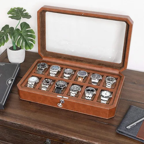 Vista 2 de ROTHWELL Caja de reloj de cuero con 12 ranuras, organizador de lujo para relojes, forro de microgamuza, soporte para relojes de joyería para hombre