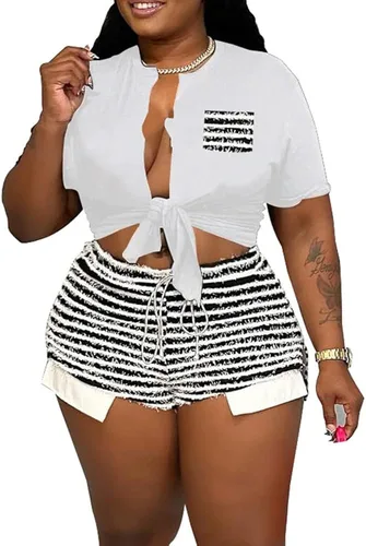 Vista 3 de Hoibmasp Conjunto de 2 piezas para mujer, sexy, de verano, con pantalones cortos a rayas