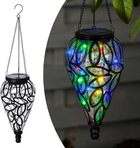 Vista 7 de Farol colgante solar para exteriores, 15 luces LED en forma de lágrima, luces colgantes blancas frías con ganchos en S decoración en jardín, patio