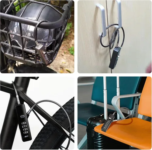 Vista 7 de Candado de cable combinado de 4 dígitos con 3 cables de acero reemplazables (9"/23.6"/47.2"), bloqueo de cable para bicicleta, equipaje, puerta