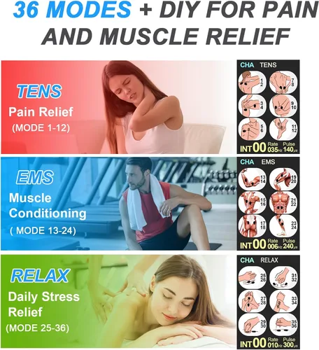Vista 2 de TENS EMS - Estimulador muscular para terapia de alivio del dolor - TENS 4 en 1 y EMS y relajación y frecuencia personalizada+pulso - Masajeador