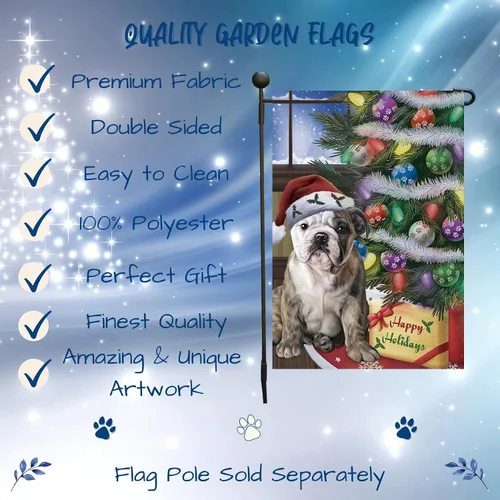 Vista 2 de Doggie of the Day Banderas de jardín Bulldog – Árbol de Navidad con regalos – Doble cara – Regalo decorativo de primavera para patio – Decoración