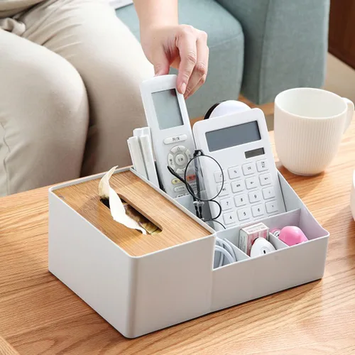 Vista 4 de Soporte para caja de pañuelos de bambú para tableta, organizador de cajas de papel multifuncional, cubierta de caja de pañuelos con almacenamiento
