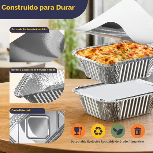 Vista 3 de Fit Meal Prep Paquete de 100 sartenes pequeñas de papel de aluminio de 1 libra con tapas, recipientes desechables para alimentos con tapas