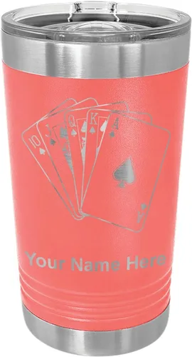 Vista 16 de LaserGram Vaso de pinta aislado al vacío de 16 onzas, tarjetas de póquer Royal Flush con grabado personalizado incluido (negro)