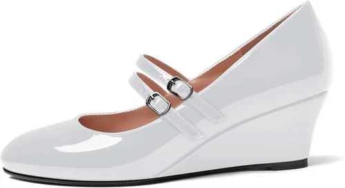 Vista 2 de Zapatos de tacón bajo con hebilla de punta redonda para mujer, con correa ajustable y correa ajustable, 2 pulgadas