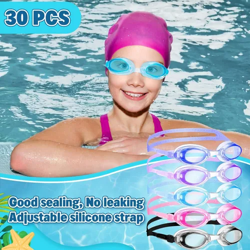 Vista 2 de Macarrie Paquete de 30 gafas de natación a granel sin fugas con tapones para los oídos y clip de nariz para adultos, hombres, mujeres y jóvenes