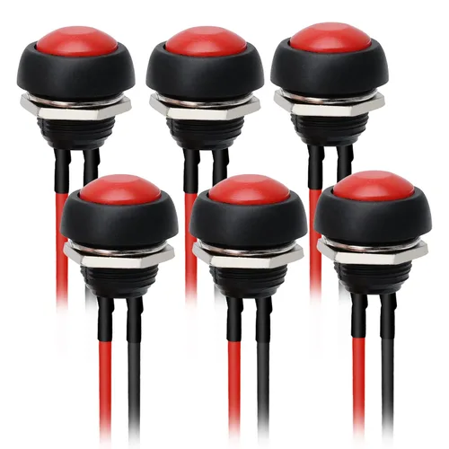 Vista 9 de STARELO 6 interruptores de botón momentáneos de 0.472 in, mini interruptor redondo impermeable SPST 3A 125V AC 2Pin 1NO con cable pre-soldado Negro