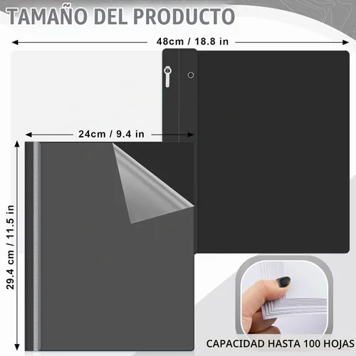 Vista 2 de Teling 48 fundas transparentes para informes frontales con sujetadores de 3 Negro