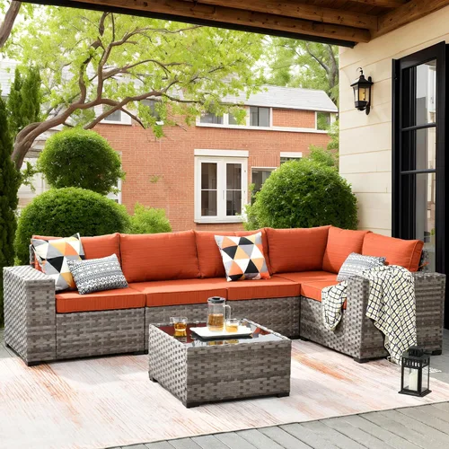 Vista 19 de ovios Juego de muebles de patio de 6 piezas, sofá seccional de mimbre para exteriores con mesa auxiliar, cómodos cojines, moderno sofá modular Beige