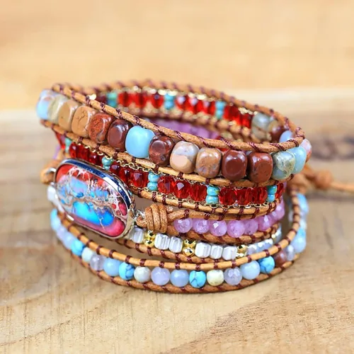 Vista 4 de ZOSOJONA Pulsera envolvente para mujer, estilo bohemio, con cuentas de cristal de jaspe natural, Cuero, Ágata