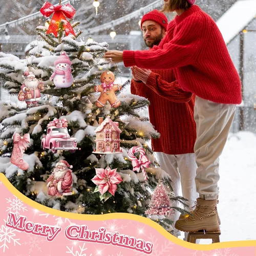 Vista 4 de 24 piezas de adornos vintage rosados de Navidad en madera para árbol colgante, adornos de árbol de Navidad en madera con muñeco de nieve rosado
