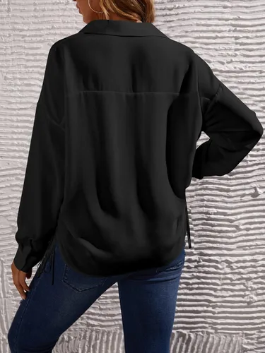 Vista 2 de OYOANGLE Blusa de maternidad para mujer, con bolsillo frontal, manga larga, dobladillo con cordón