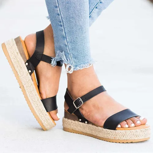 Vista 4 de Sandalias de cuña para mujer, alpargatas casuales con puntera abierta, correa de hebilla en el tobillo, sandalias de plataforma impermeable
