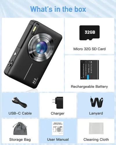 Vista 7 de Cámara digital para niños, cámara digital 1080P FHD 44MP para apuntar y disparar para fotos con tarjeta de 32 GB, zoom 16X, cámara compacta regalos