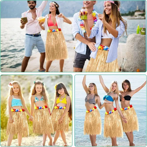 Vista 6 de Faldas de hierba de rafia natural, 4 piezas, flores tropicales, Luau Hula decoraciones para adultos, mujeres y hombres, hawaianas