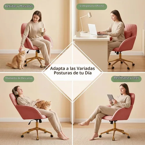 Vista 8 de Silla de escritorio para oficina en casa, cómoda con ruedas giratorias ajustables, moderna silla de tocador de maquillaje de terciopelo con respaldo